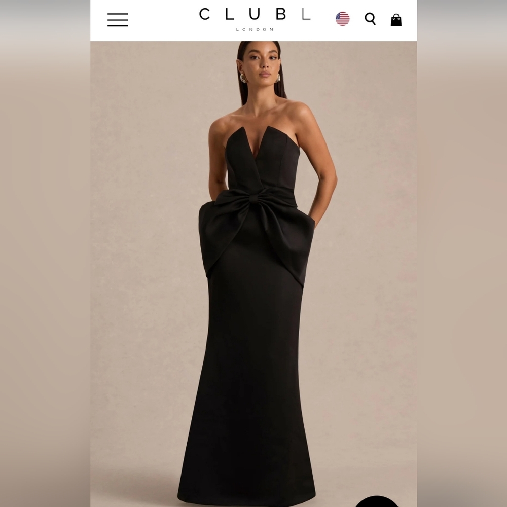 Club L Sonata Black Satin Bandeau Maxi Dress With Bow